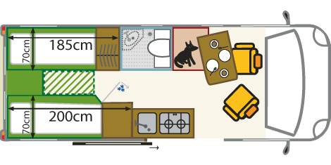 Grundriss mit Einzelbetten und Hundeplatz